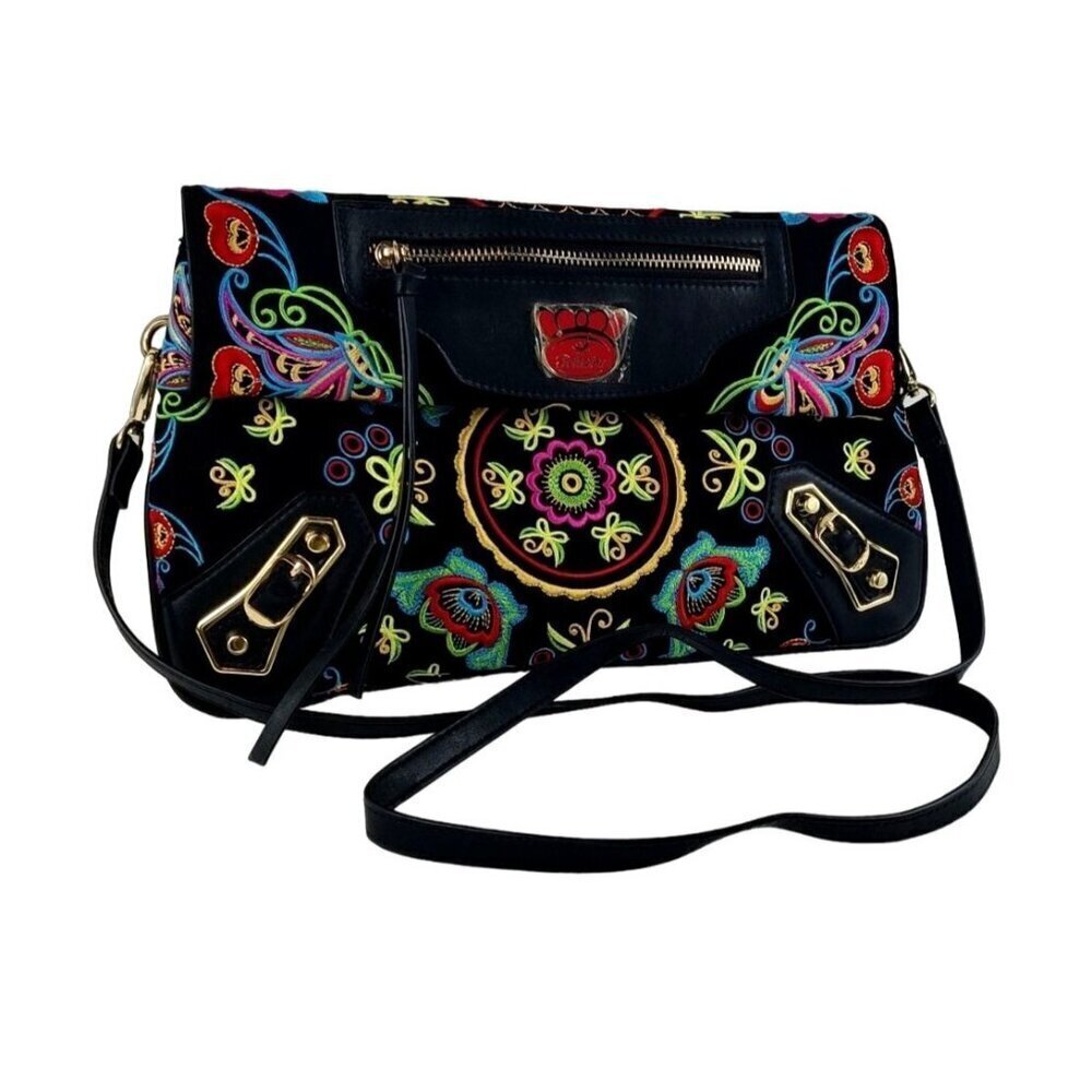 Fricaine Black Treasure Clutch Crossbody Luxury Boho Exotic Embroidered Flowers - Picture 3 of 12